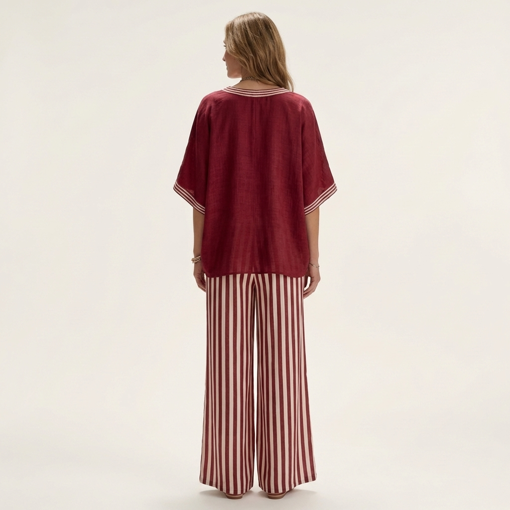 Gisela | Conjunto de Top con Escote en V Estilo Varsity y Pantalón Ancho de Rayas