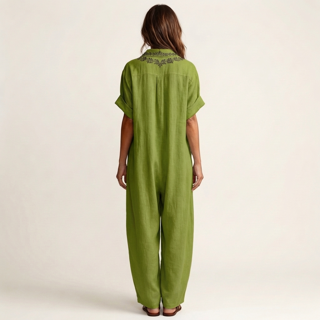 Petra | Vestido Maxi en Lino con Cuello y Escote en V Bordado