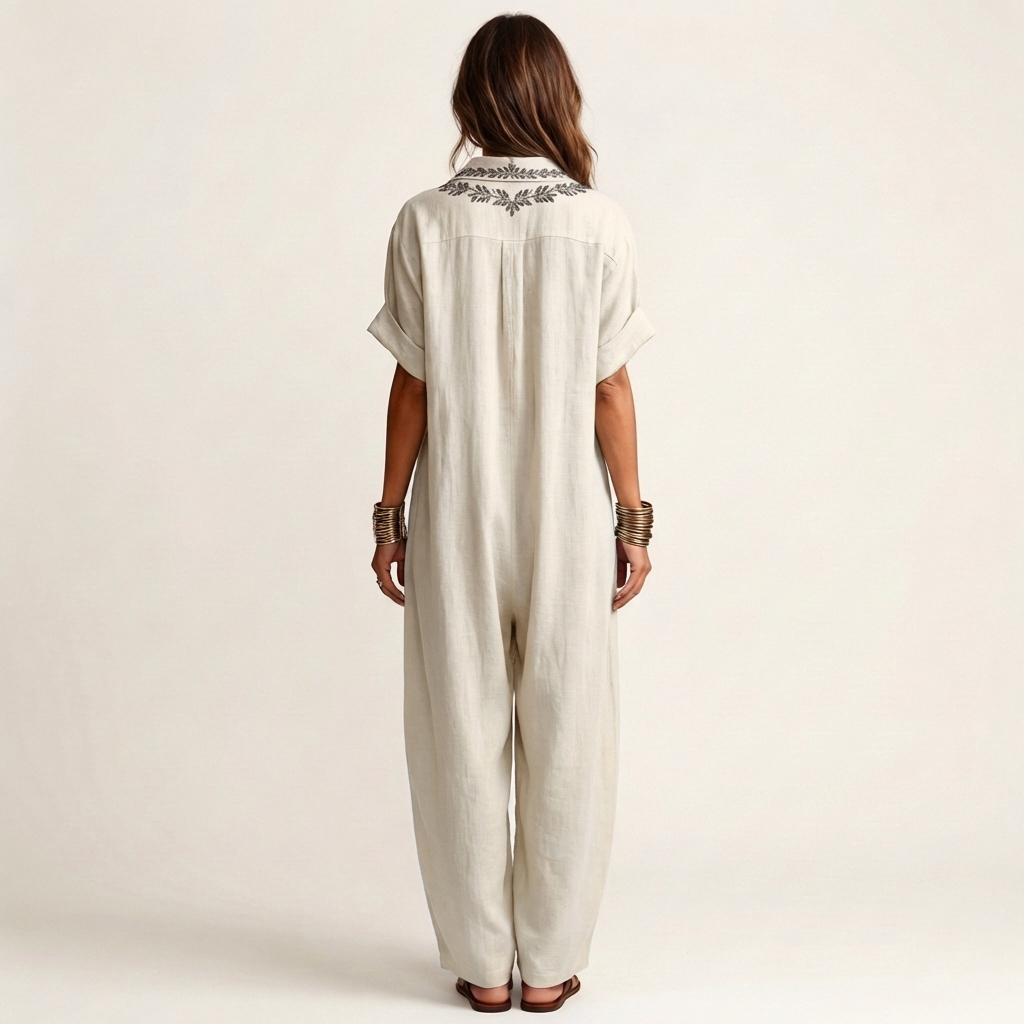 Petra | Vestido Maxi en Lino con Cuello y Escote en V Bordado