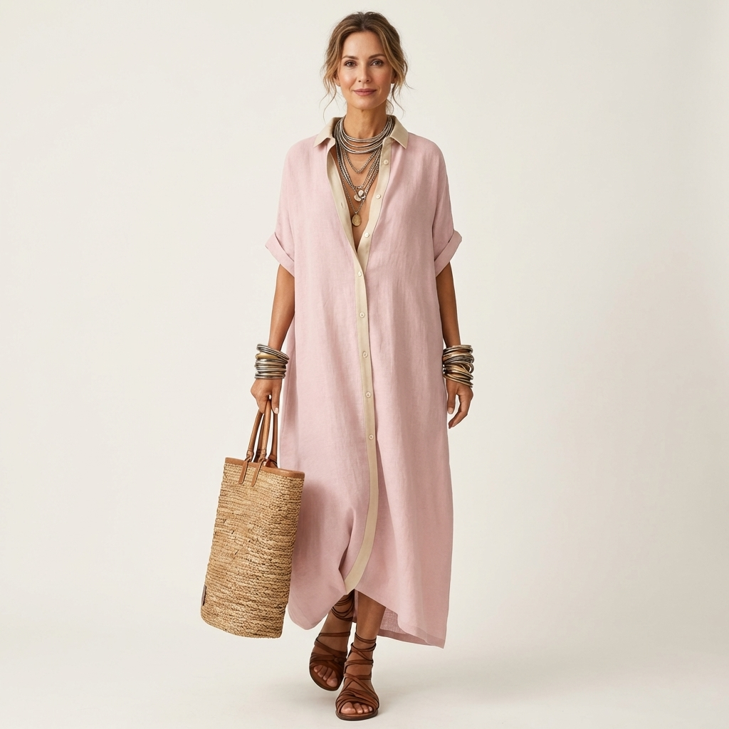 Aitana | Vestido Camisero Maxi con Cuello Contraste, Botones y Manga Corta