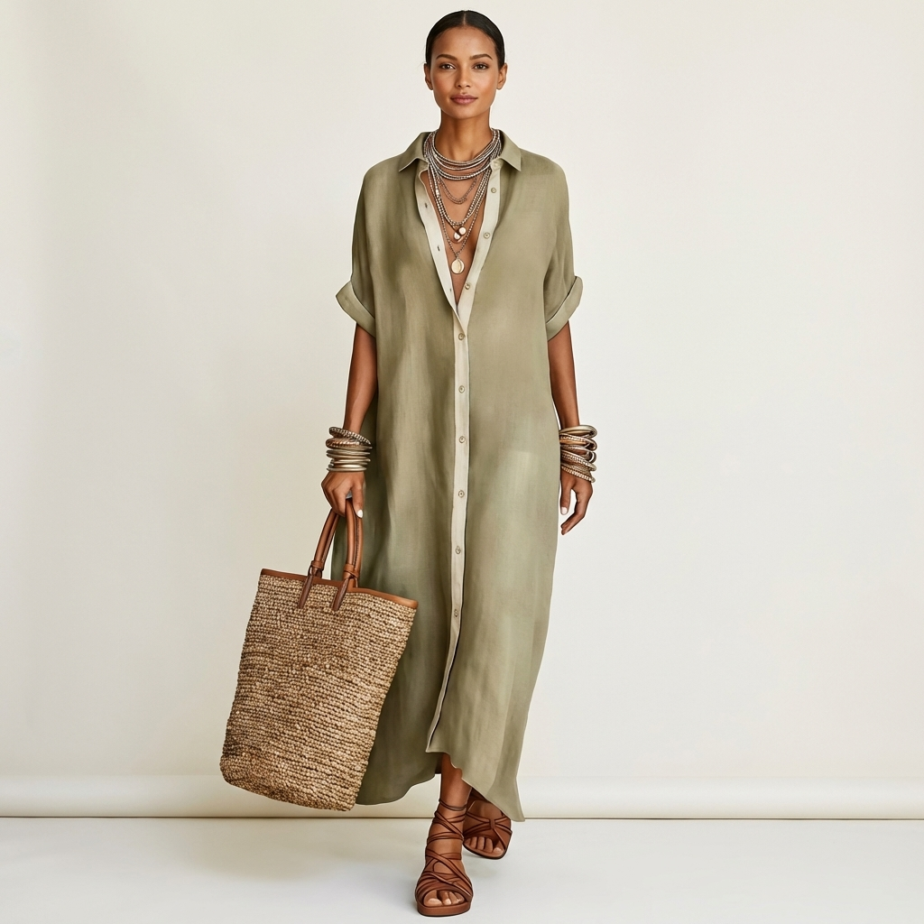 Aitana | Vestido Camisero Maxi con Cuello Contraste, Botones y Manga Corta