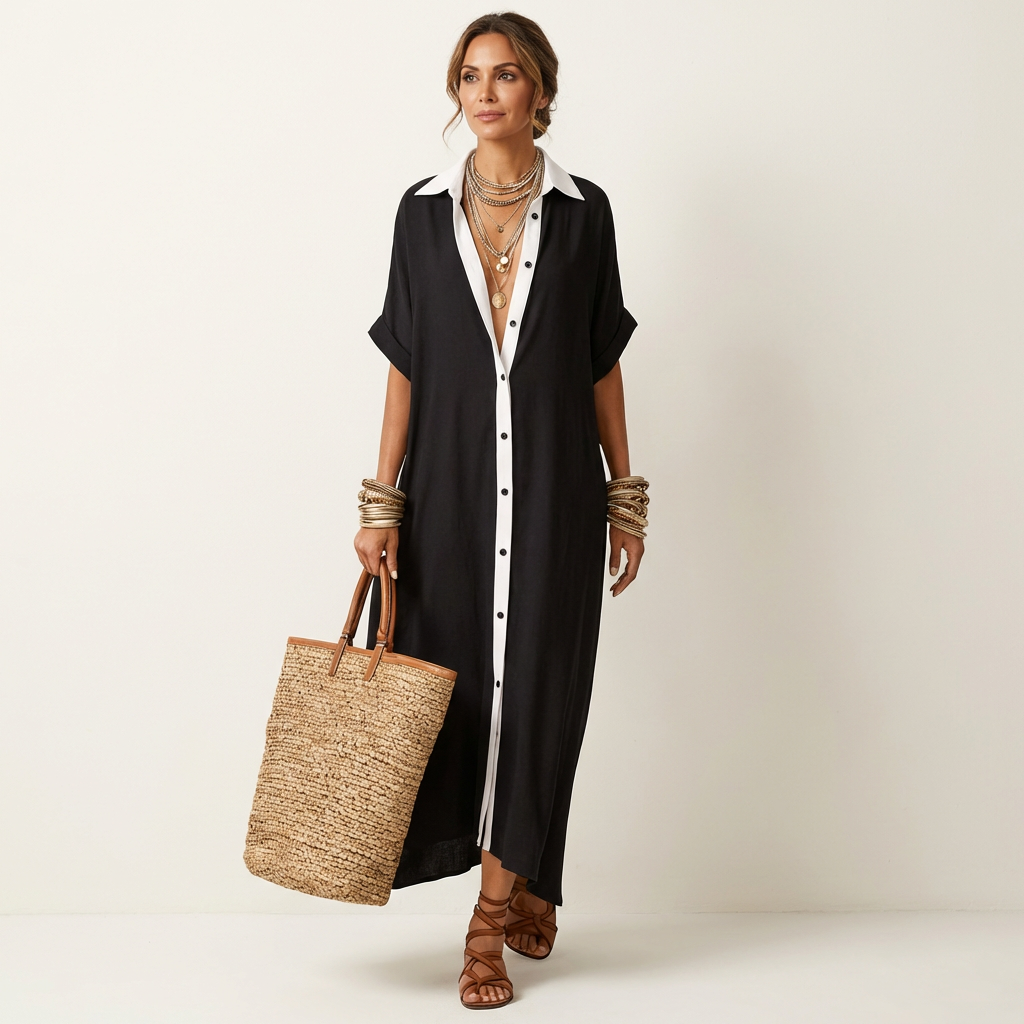 Aitana | Vestido Camisero Maxi con Cuello Contraste, Botones y Manga Corta