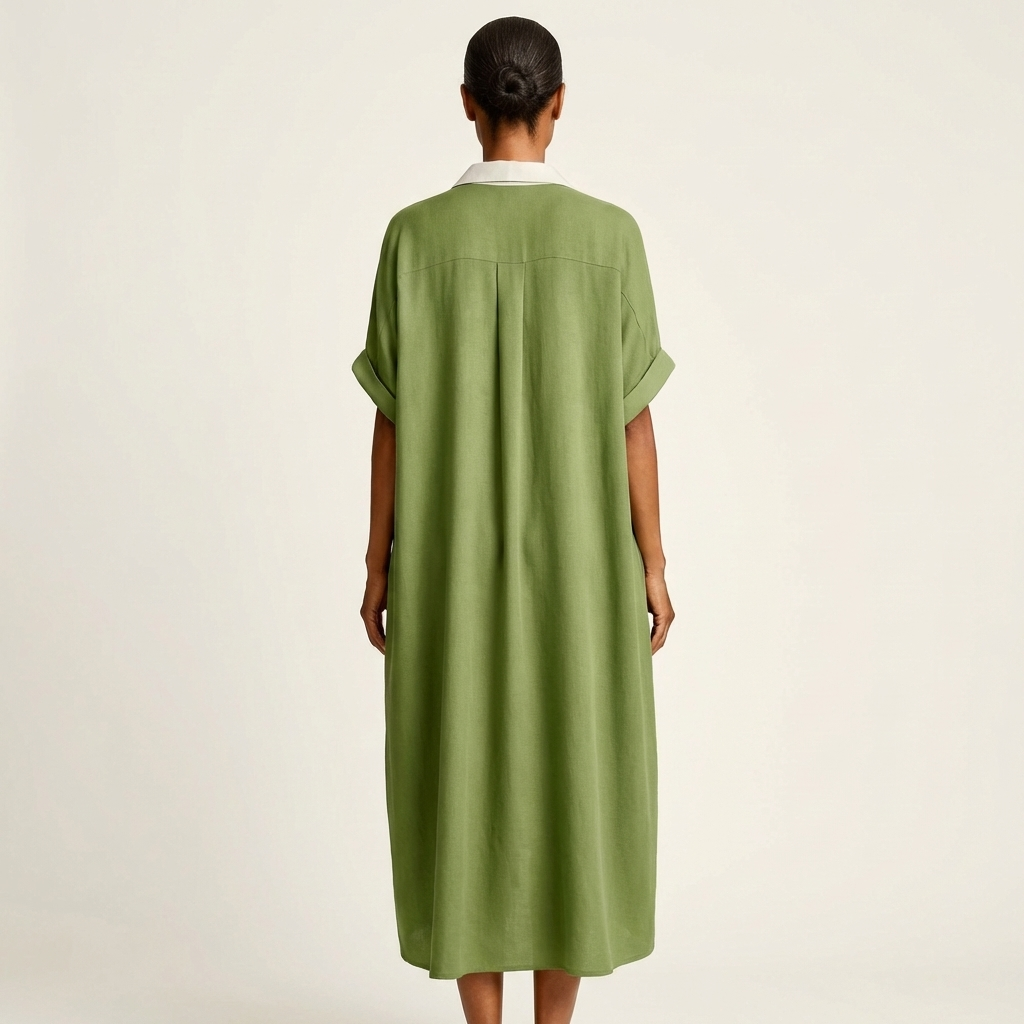 Aitana | Vestido Camisero Maxi con Cuello Contraste, Botones y Manga Corta