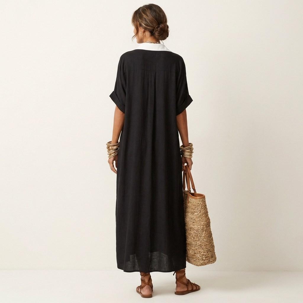 Aitana | Vestido Camisero Maxi con Cuello Contraste, Botones y Manga Corta