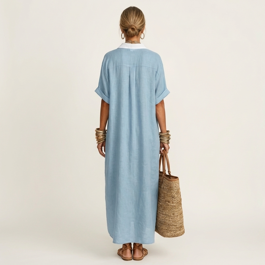 Aitana | Vestido Camisero Maxi con Cuello Contraste, Botones y Manga Corta