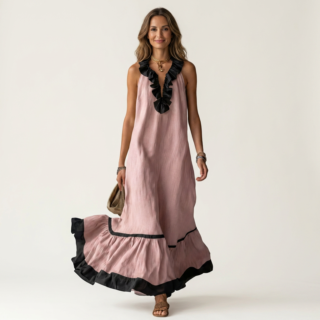 Serafina | Vestido Maxi sin Mangas con Cuello de Volantes y Ribete Contraste