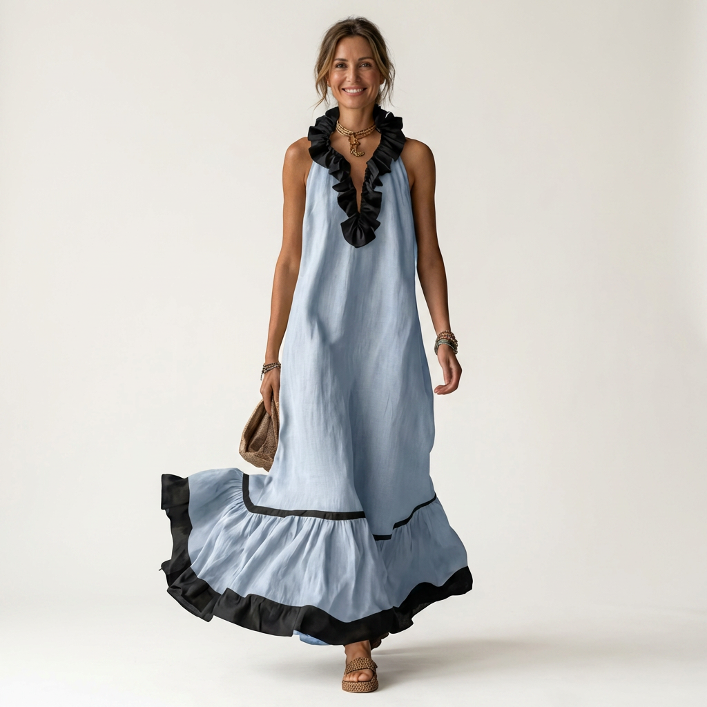 Serafina | Vestido Maxi sin Mangas con Cuello de Volantes y Ribete Contraste