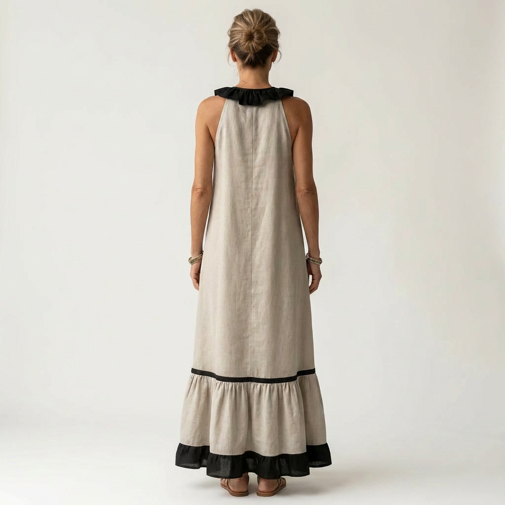 Serafina | Vestido Maxi sin Mangas con Cuello de Volantes y Ribete Contraste