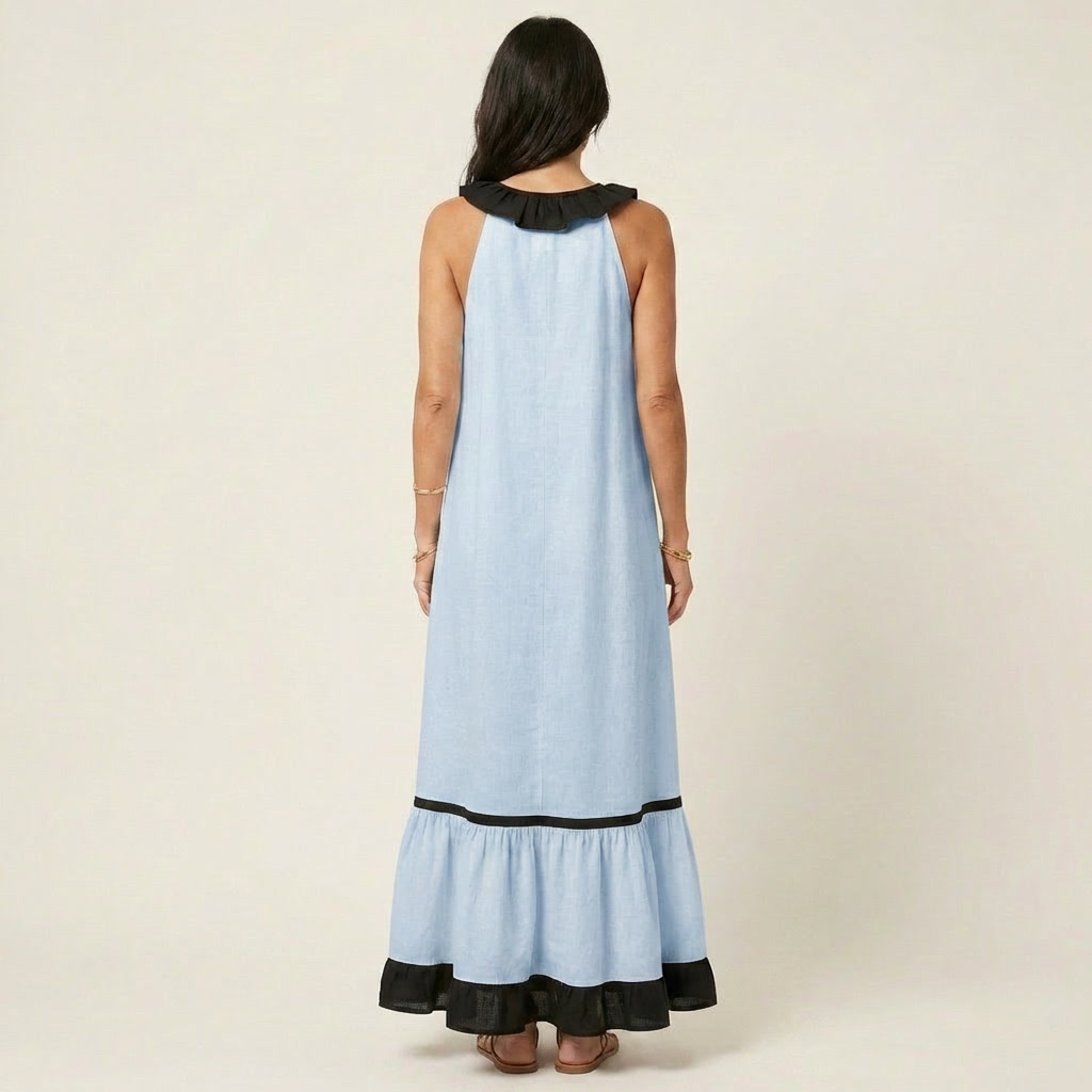 Serafina | Vestido Maxi sin Mangas con Cuello de Volantes y Ribete Contraste
