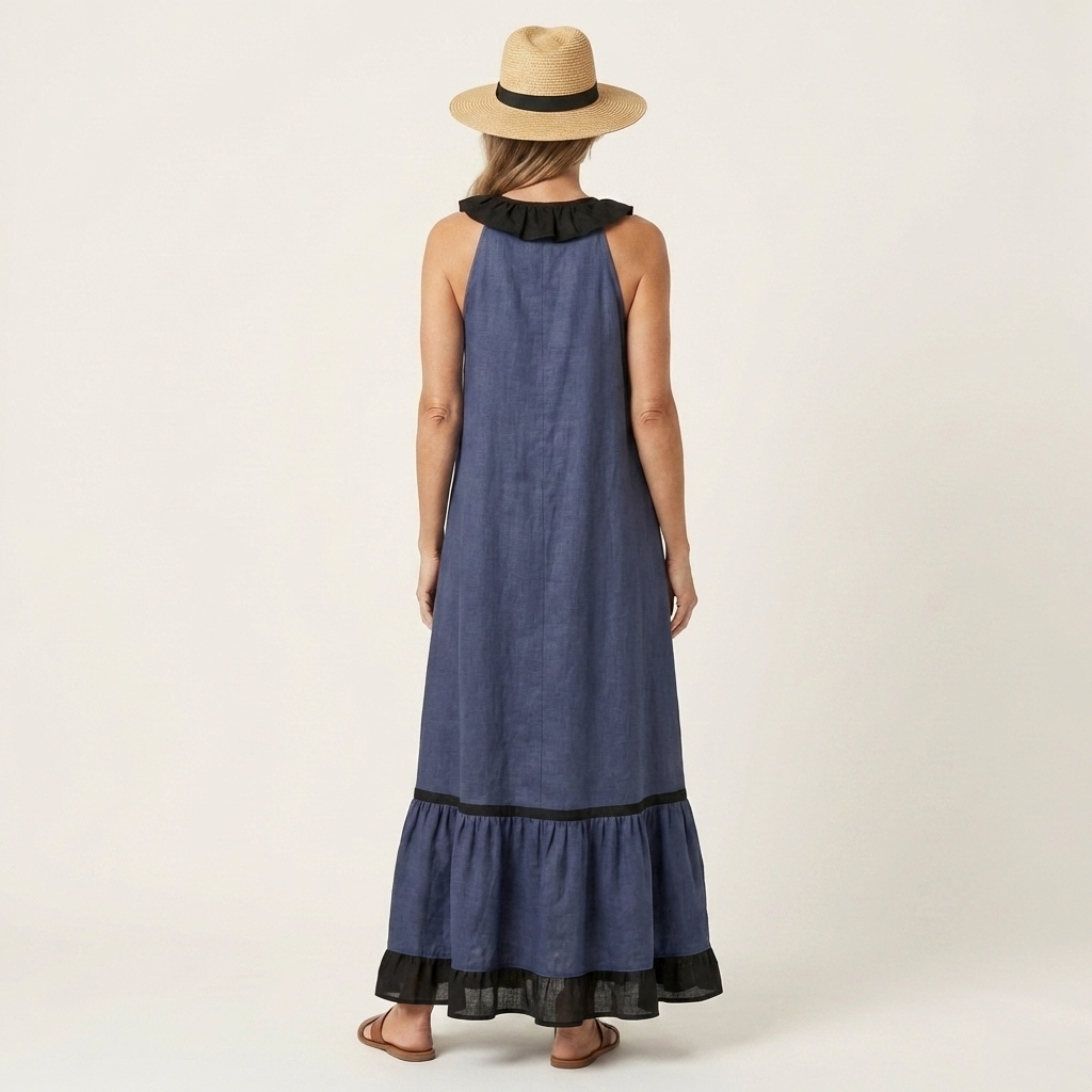 Serafina | Vestido Maxi sin Mangas con Cuello de Volantes y Ribete Contraste