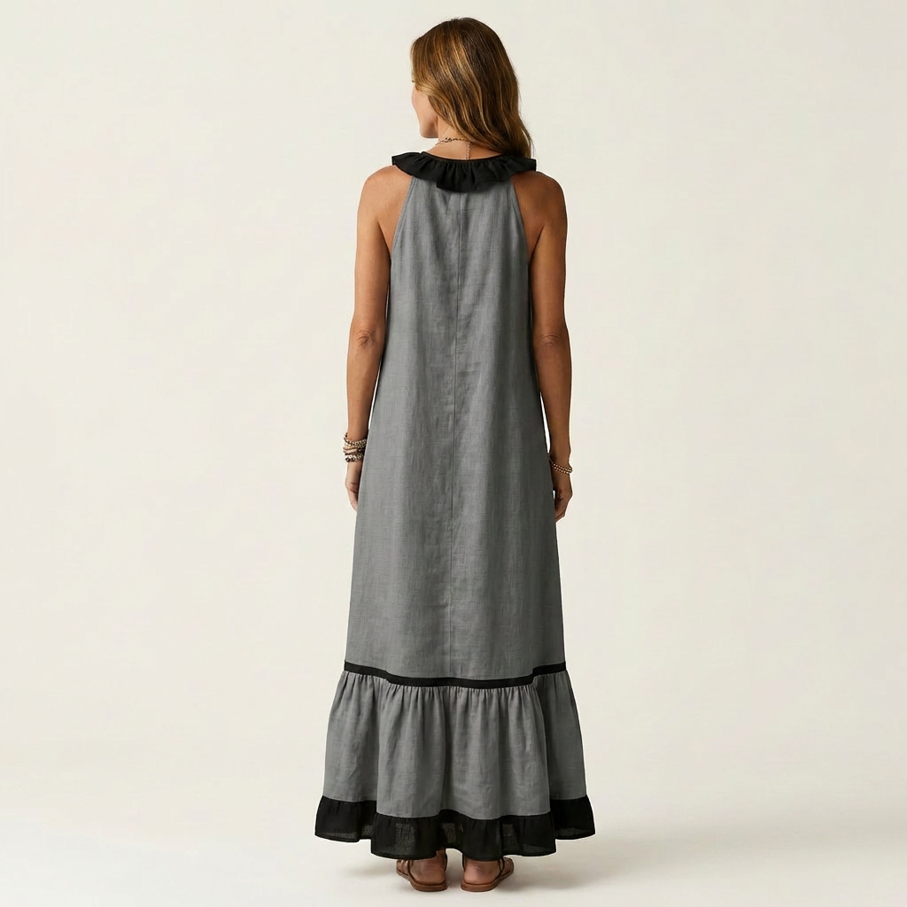 Serafina | Vestido Maxi sin Mangas con Cuello de Volantes y Ribete Contraste