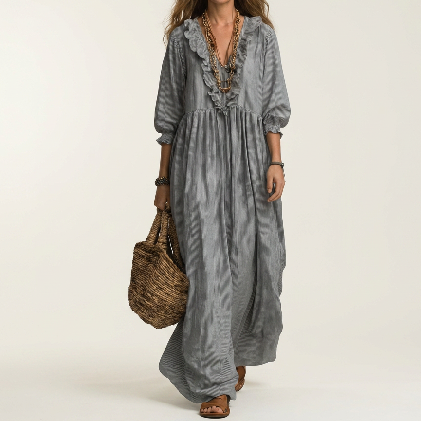 Paloma | Vestido Maxi de Rayas con Escote en V de Volantes y Manga Farol