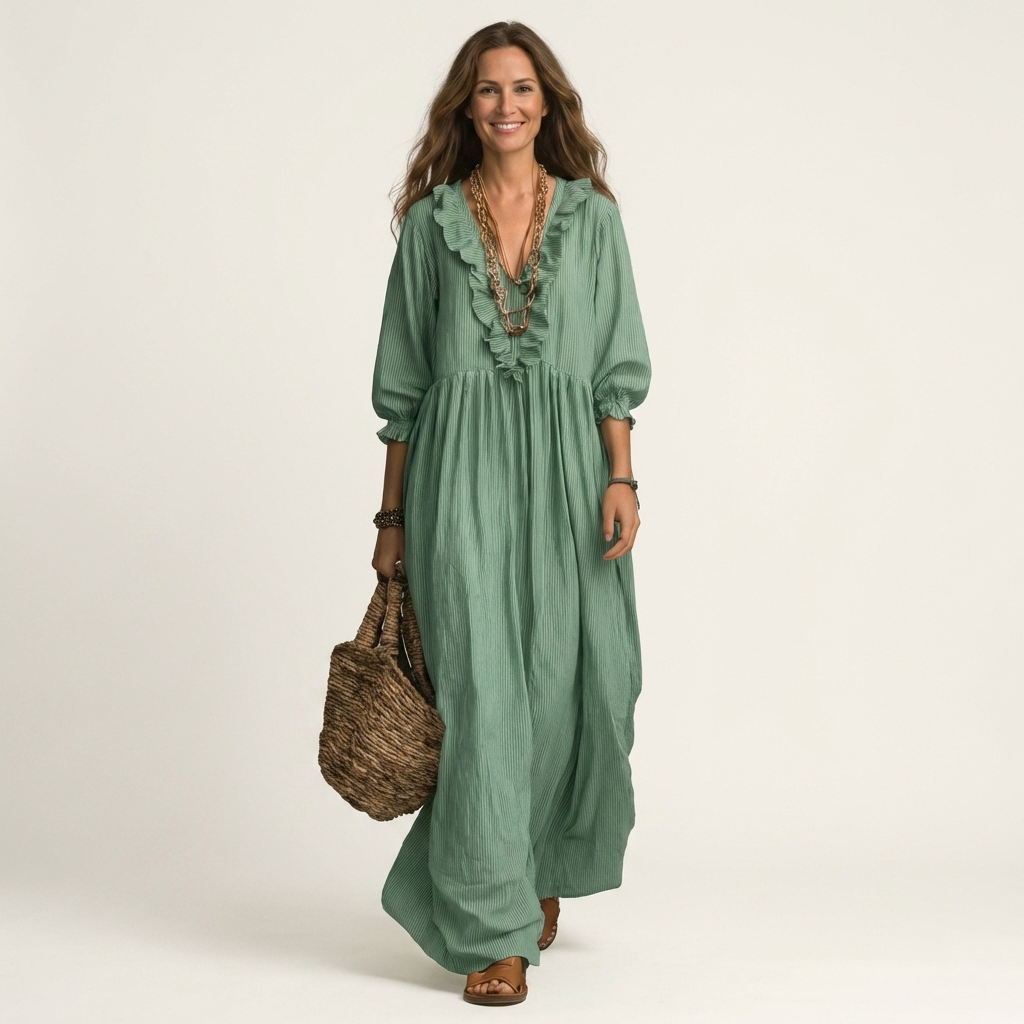 Paloma | Vestido Maxi de Rayas con Escote en V de Volantes y Manga Farol