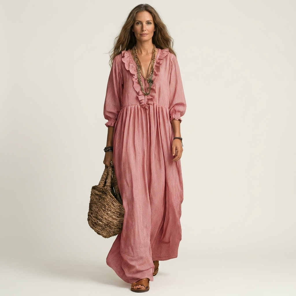 Paloma | Vestido Maxi de Rayas con Escote en V de Volantes y Manga Farol