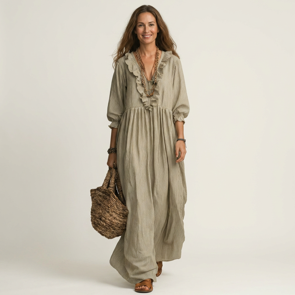 Paloma | Vestido Maxi de Rayas con Escote en V de Volantes y Manga Farol