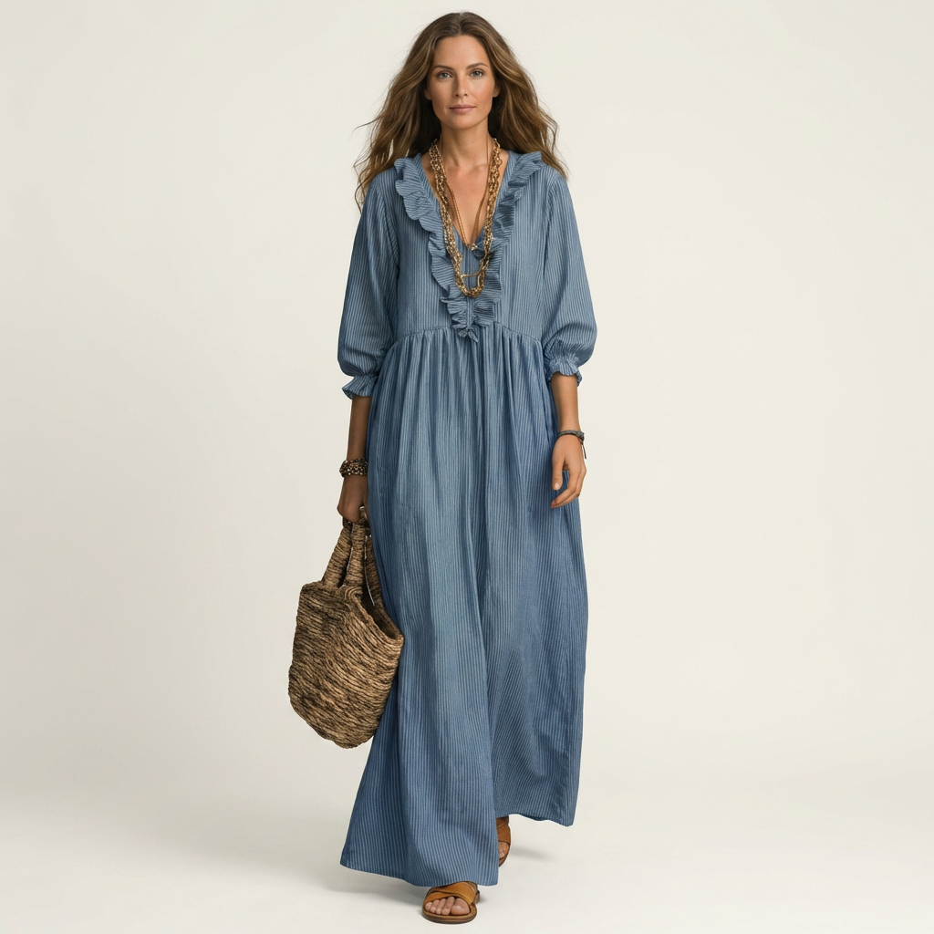 Paloma | Vestido Maxi de Rayas con Escote en V de Volantes y Manga Farol