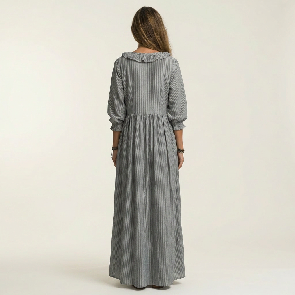 Paloma | Vestido Maxi de Rayas con Escote en V de Volantes y Manga Farol