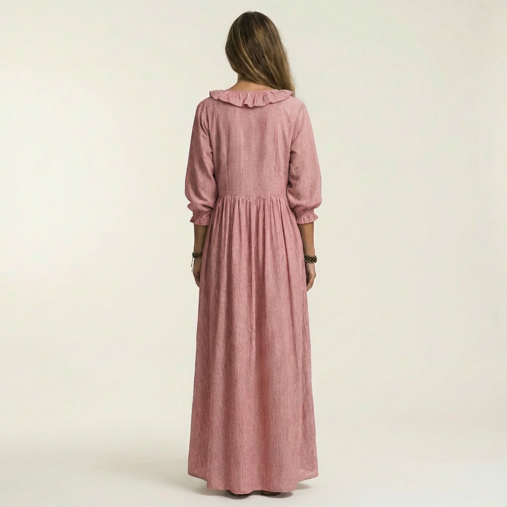 Paloma | Vestido Maxi de Rayas con Escote en V de Volantes y Manga Farol