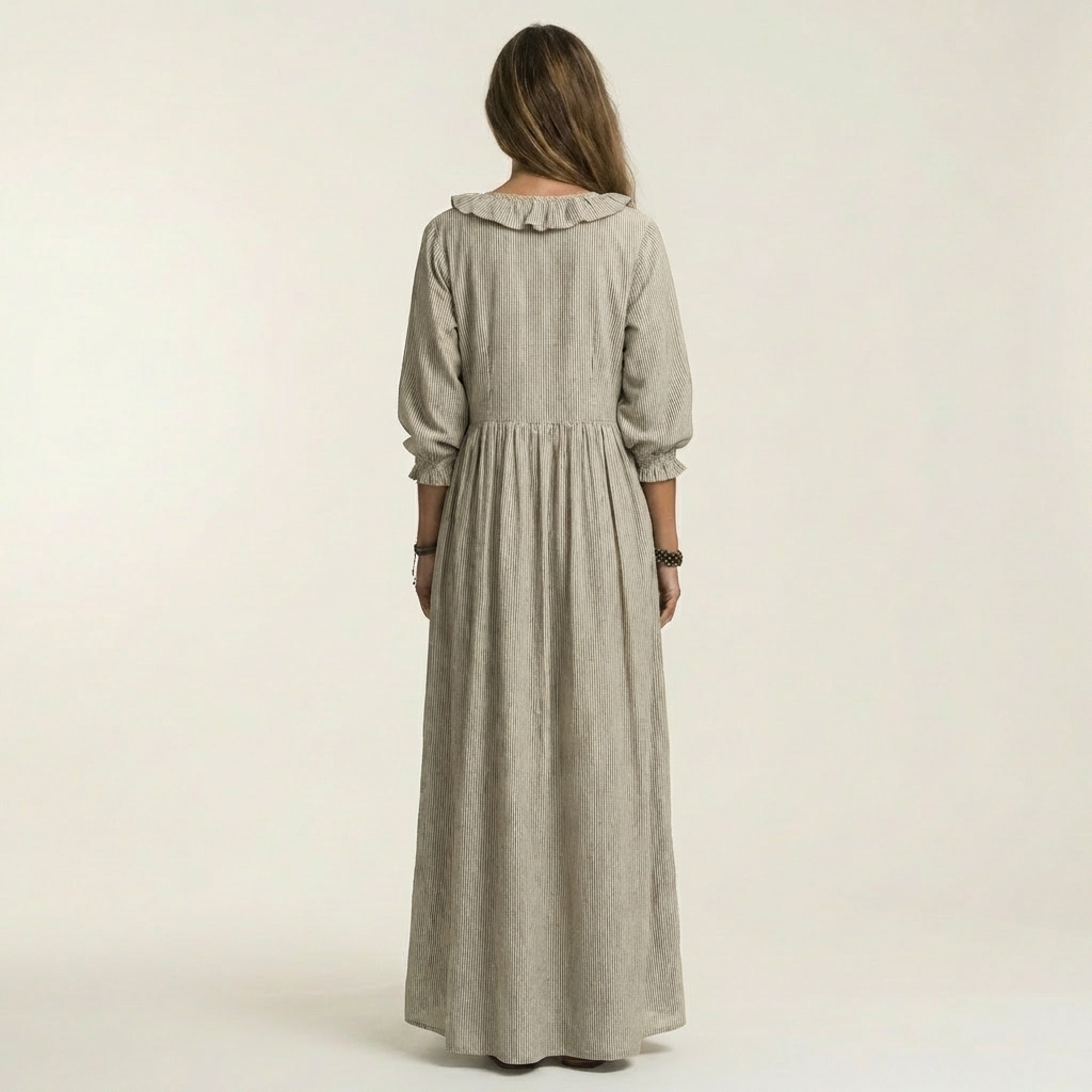 Paloma | Vestido Maxi de Rayas con Escote en V de Volantes y Manga Farol