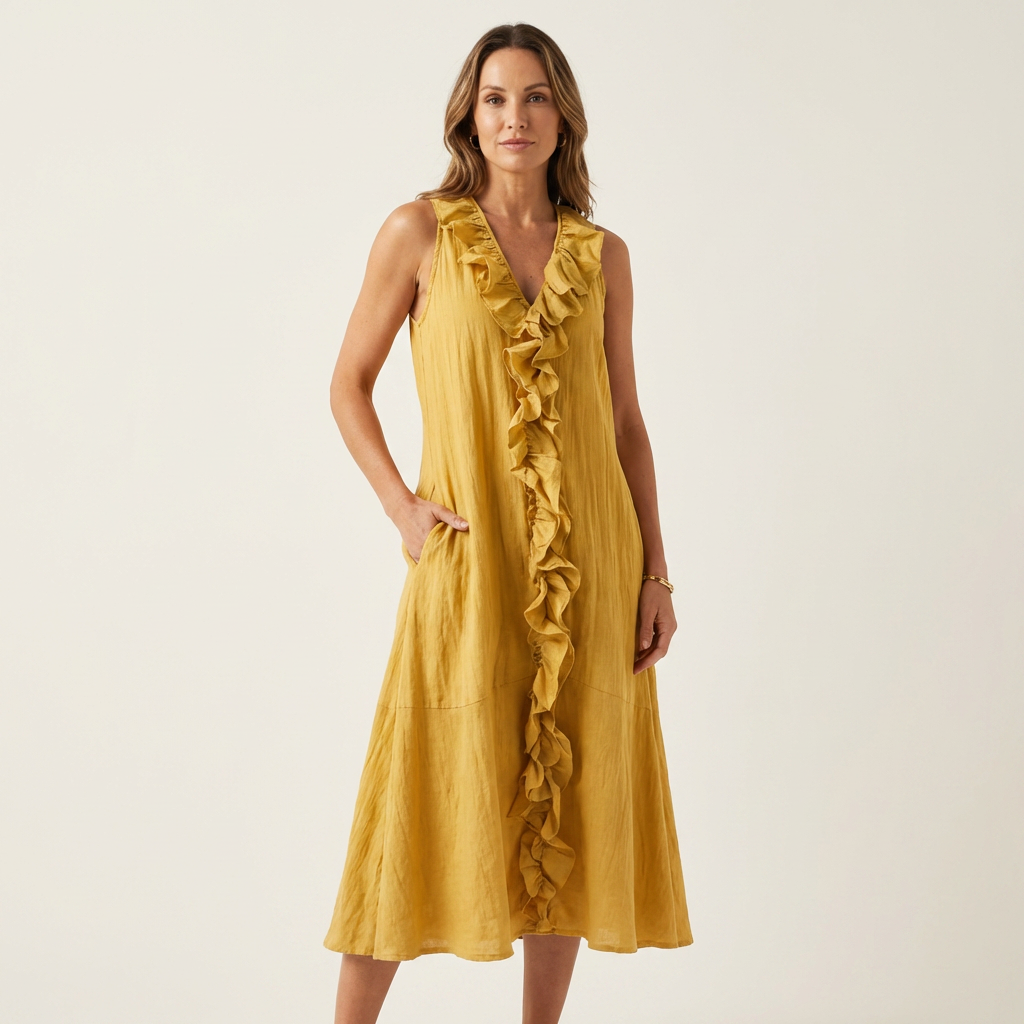Violeta | Vestido Maxi en Lino sin Mangas con Escote en V y Volante Frontal