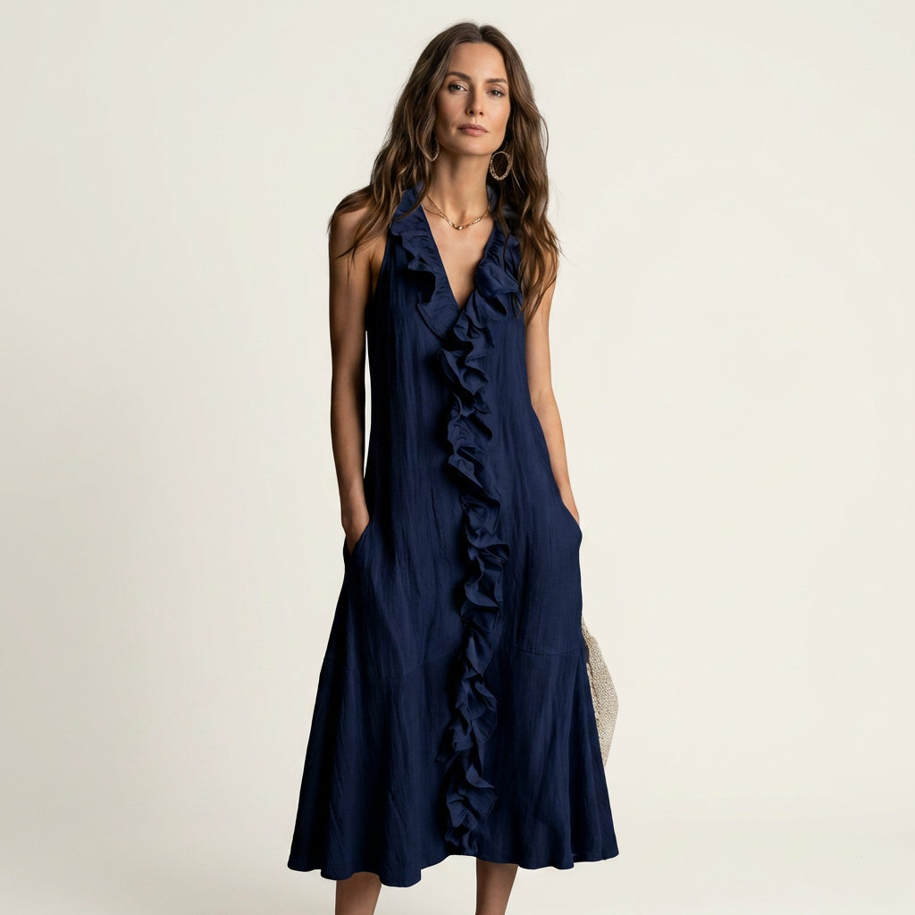 Violeta | Vestido Maxi en Lino sin Mangas con Escote en V y Volante Frontal