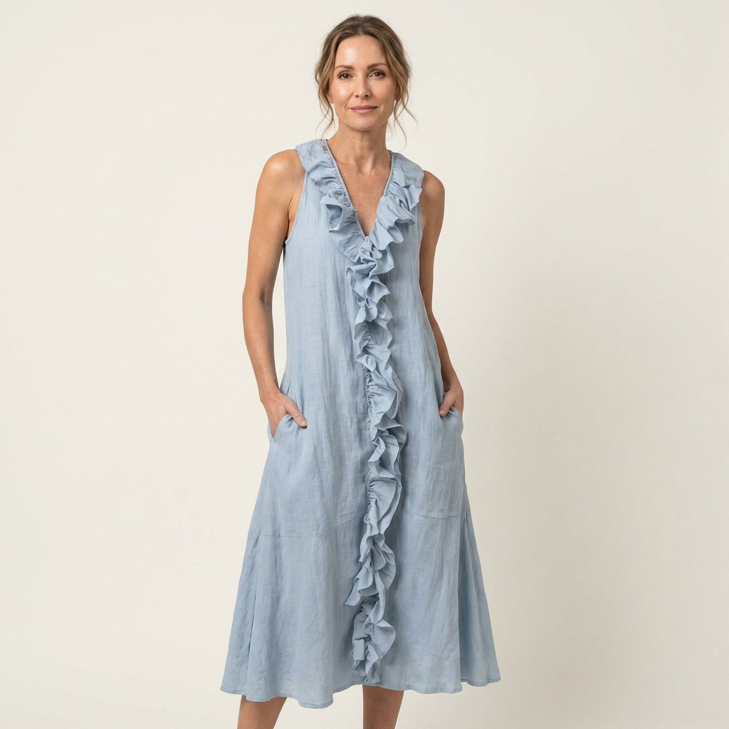 Violeta | Vestido Maxi en Lino sin Mangas con Escote en V y Volante Frontal