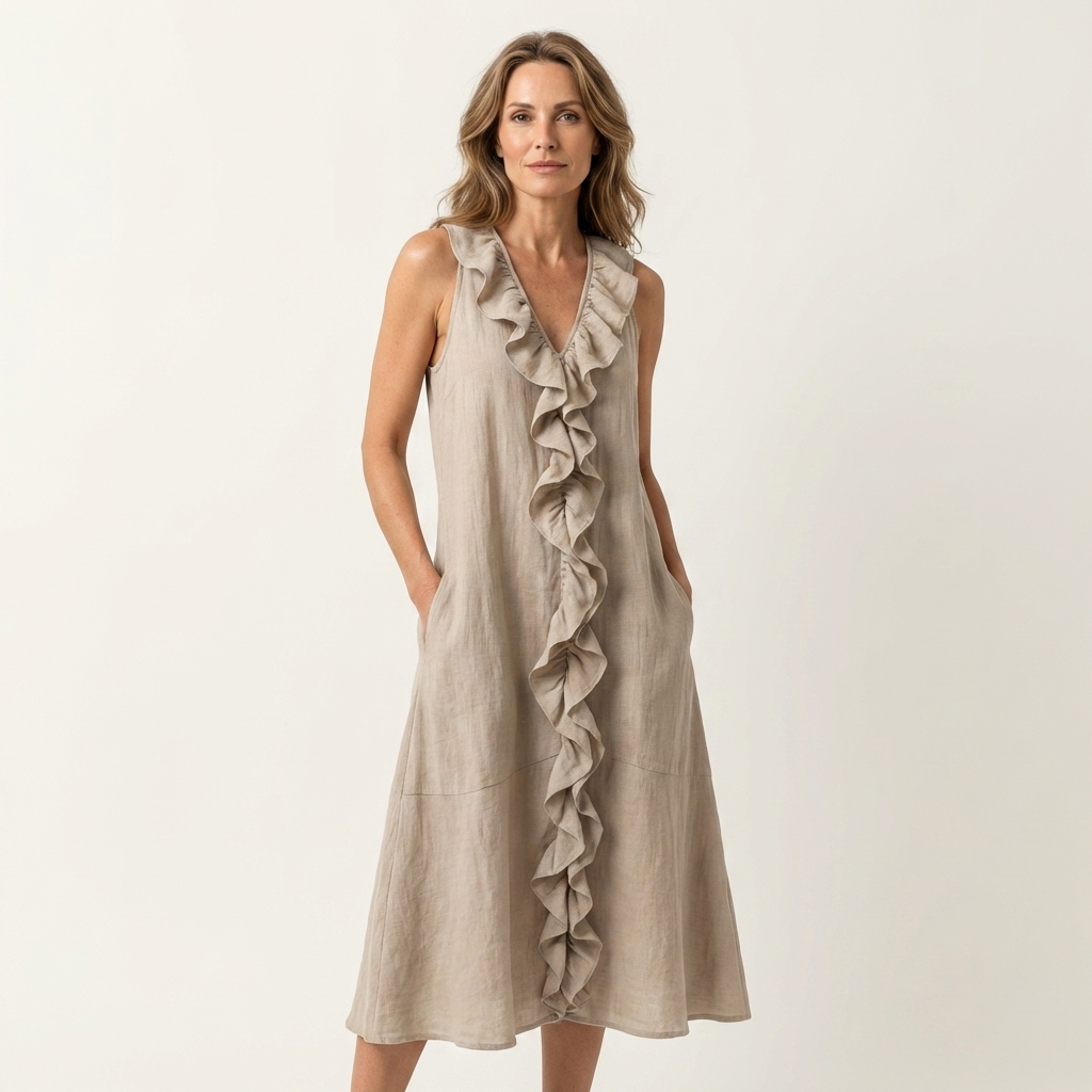 Violeta | Vestido Maxi en Lino sin Mangas con Escote en V y Volante Frontal