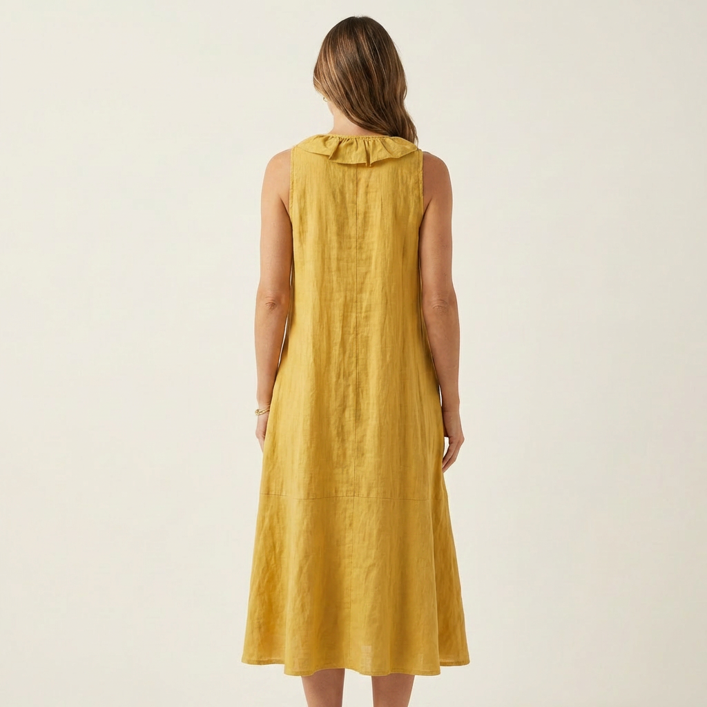 Violeta | Vestido Maxi en Lino sin Mangas con Escote en V y Volante Frontal
