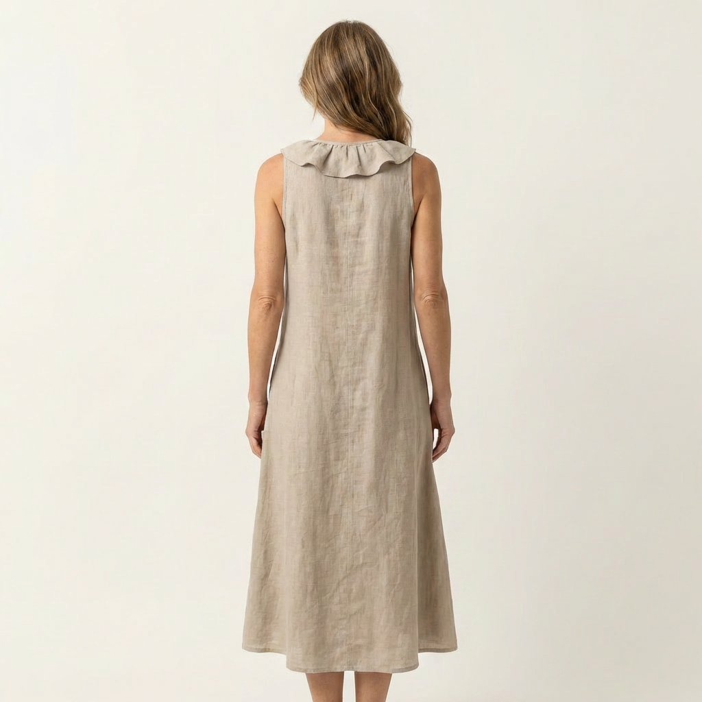 Violeta | Vestido Maxi en Lino sin Mangas con Escote en V y Volante Frontal