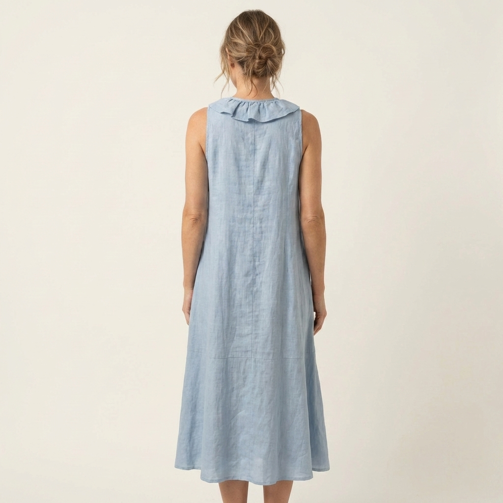 Violeta | Vestido Maxi en Lino sin Mangas con Escote en V y Volante Frontal