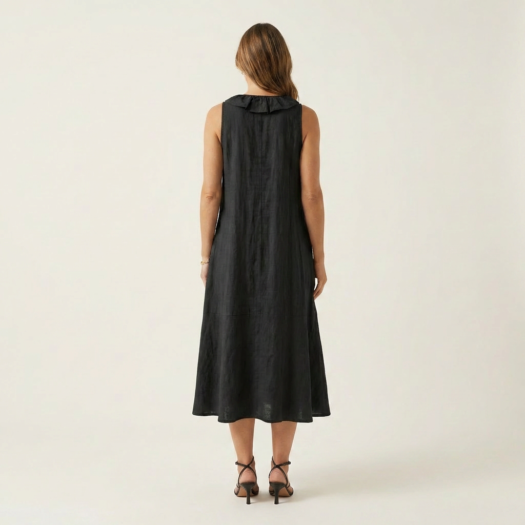 Violeta | Vestido Maxi en Lino sin Mangas con Escote en V y Volante Frontal