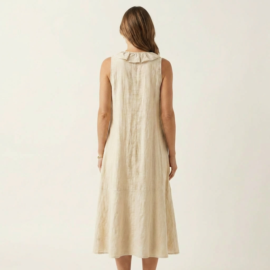 Violeta | Vestido Maxi en Lino sin Mangas con Escote en V y Volante Frontal