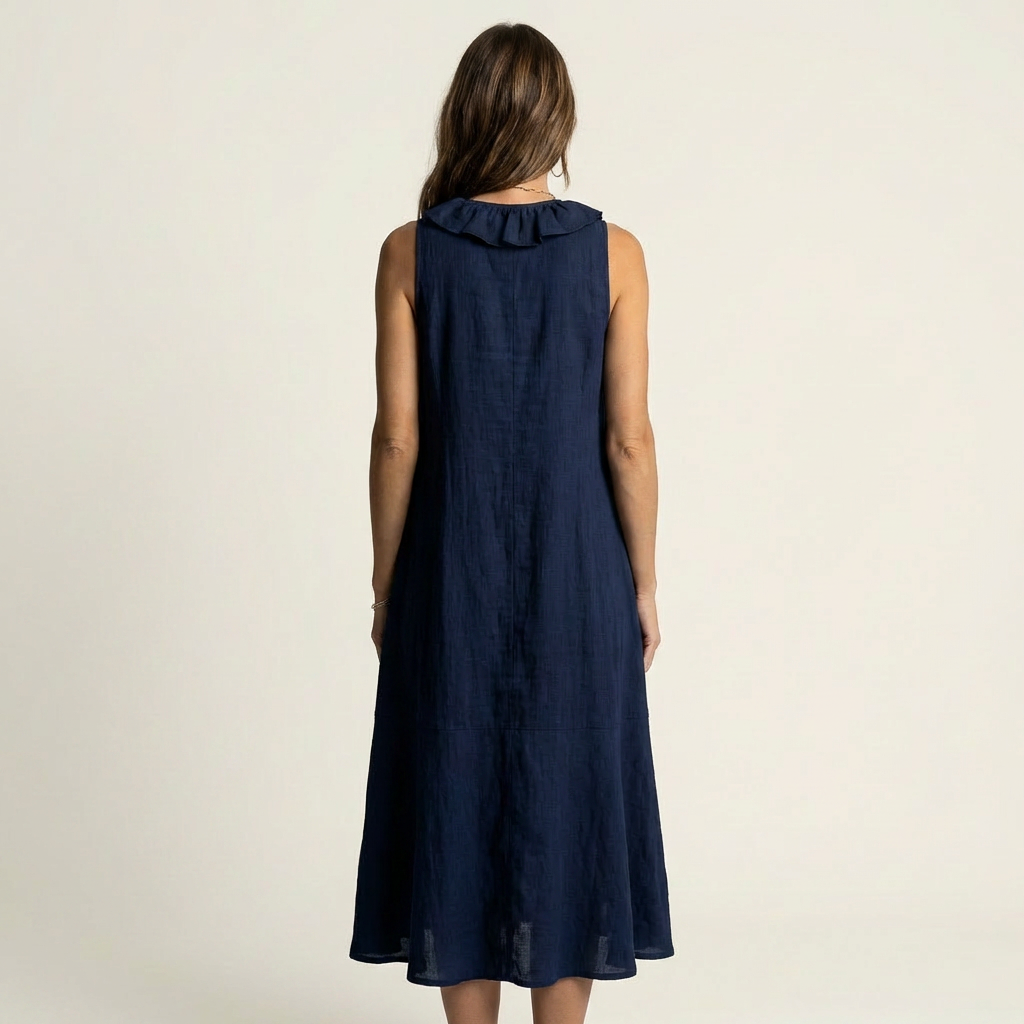 Violeta | Vestido Maxi en Lino sin Mangas con Escote en V y Volante Frontal