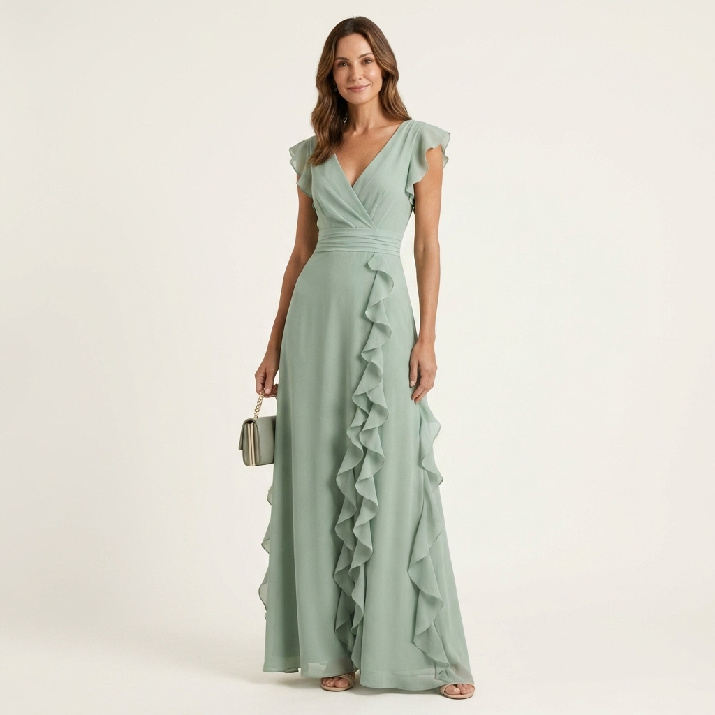Celeste | Vestido Maxi Cruzado con Escote en V, Manga Mariposa y Volante Cascada