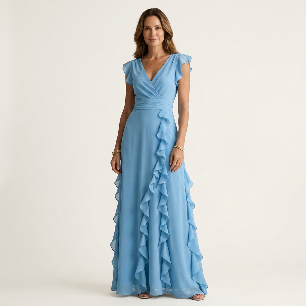 Celeste | Vestido Maxi Cruzado con Escote en V, Manga Mariposa y Volante Cascada