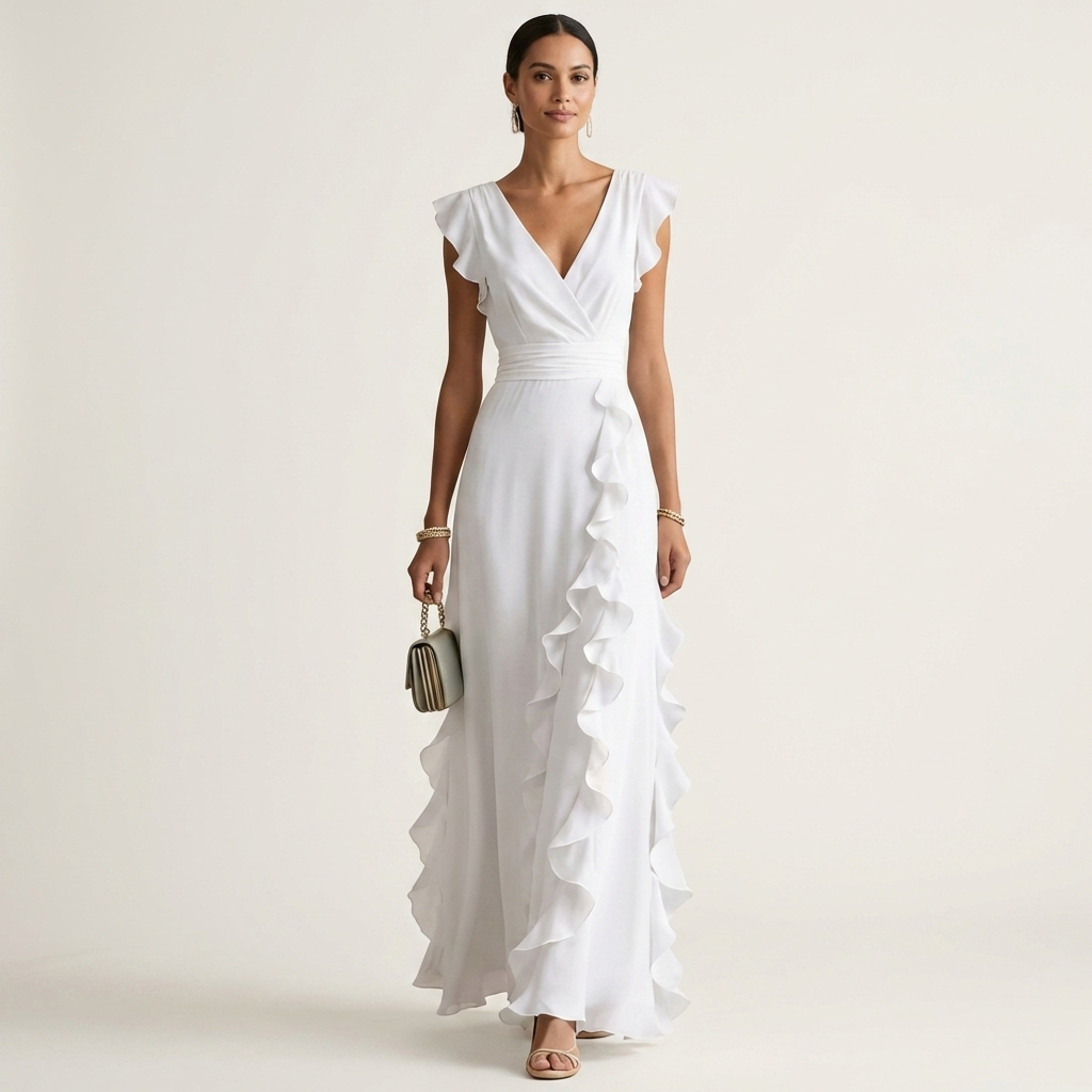 Celeste | Vestido Maxi Cruzado con Escote en V, Manga Mariposa y Volante Cascada