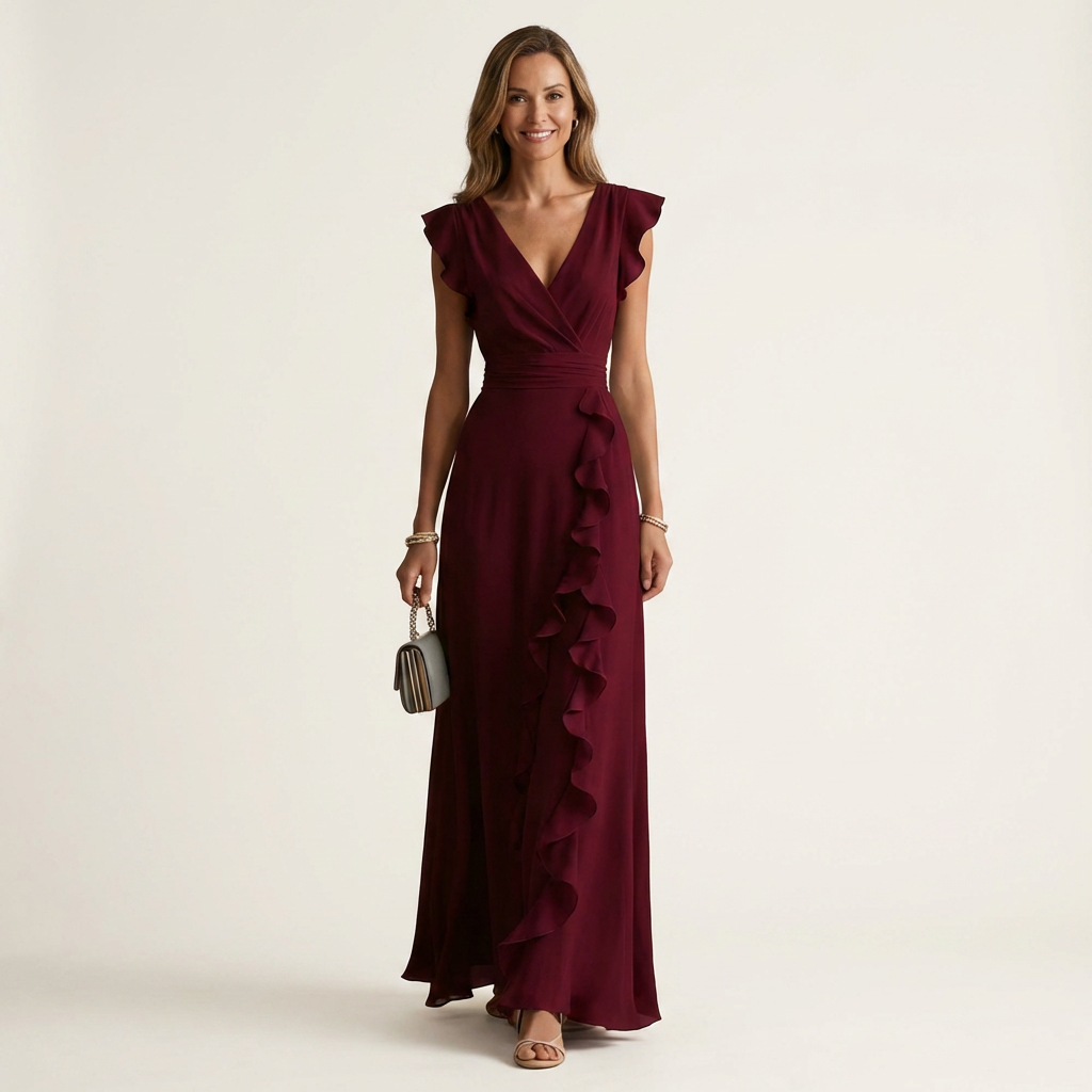 Celeste | Vestido Maxi Cruzado con Escote en V, Manga Mariposa y Volante Cascada