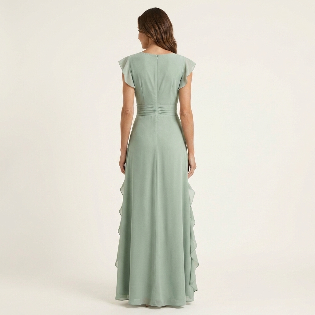 Celeste | Vestido Maxi Cruzado con Escote en V, Manga Mariposa y Volante Cascada