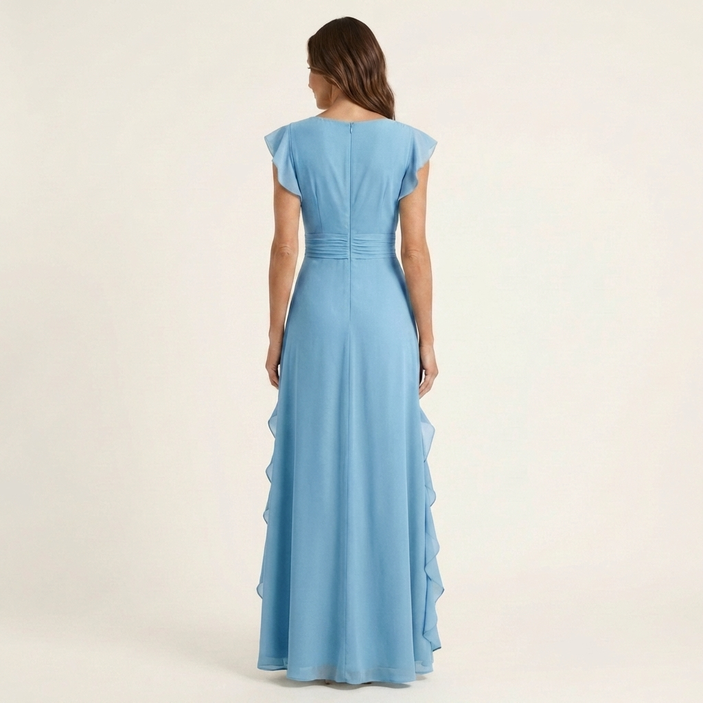 Celeste | Vestido Maxi Cruzado con Escote en V, Manga Mariposa y Volante Cascada