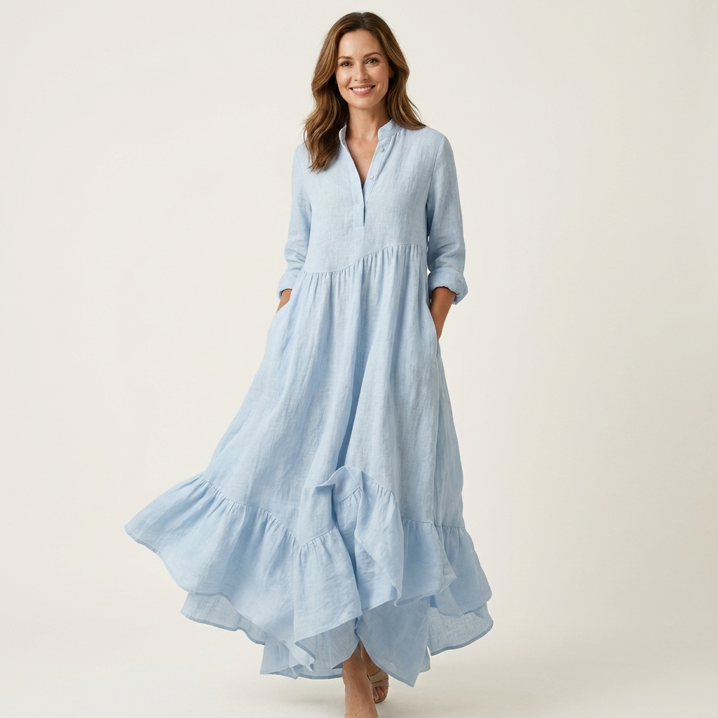 Adriana | Vestido Maxi con Cuello Mao, Botones y Bajo de Volantes