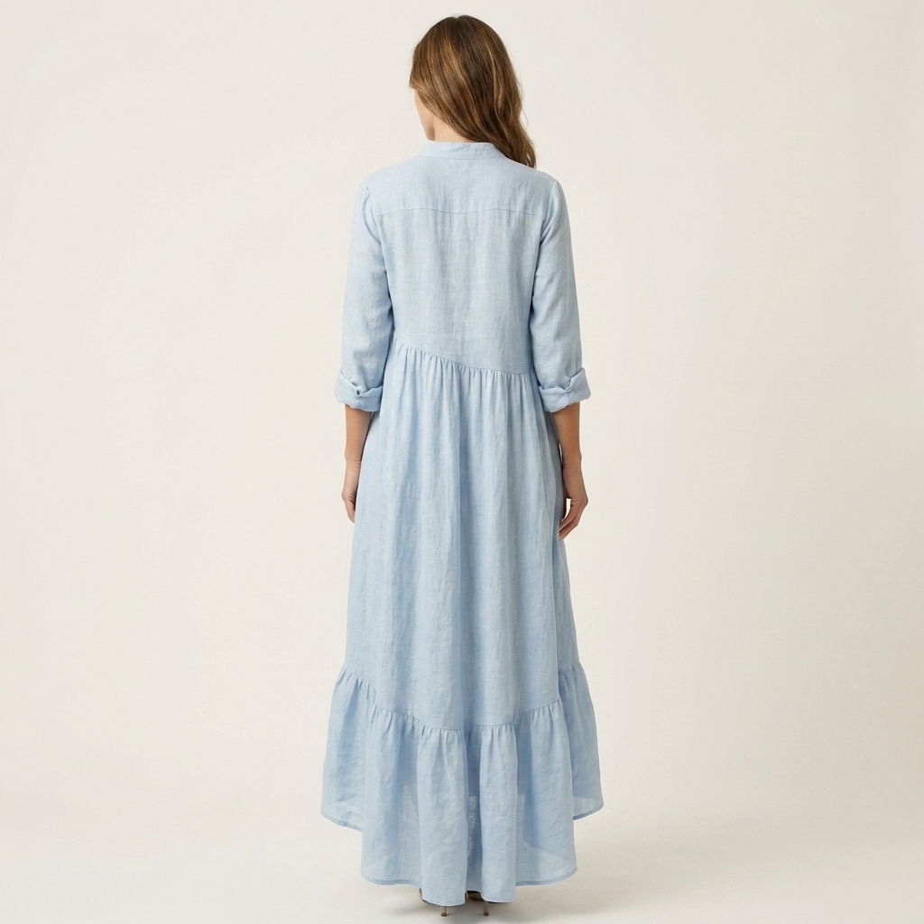 Adriana | Vestido Maxi con Cuello Mao, Botones y Bajo de Volantes