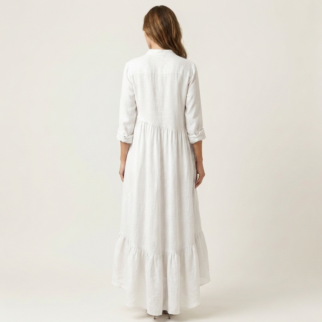 Adriana | Vestido Maxi con Cuello Mao, Botones y Bajo de Volantes