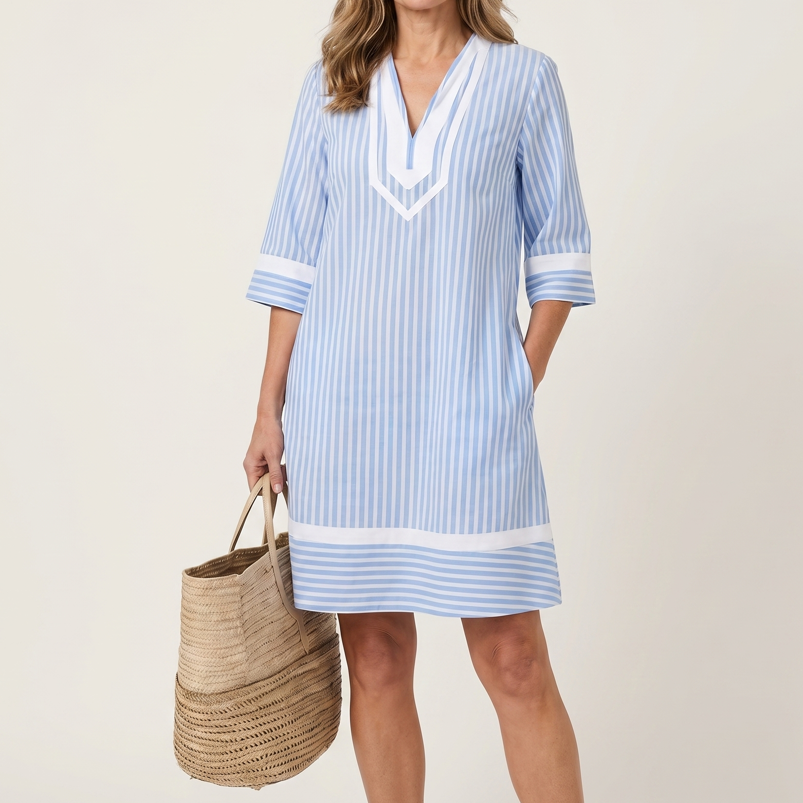 Silvia | Vestido Recto de Rayas en Algodón con Escote en V y Ribete Contraste
