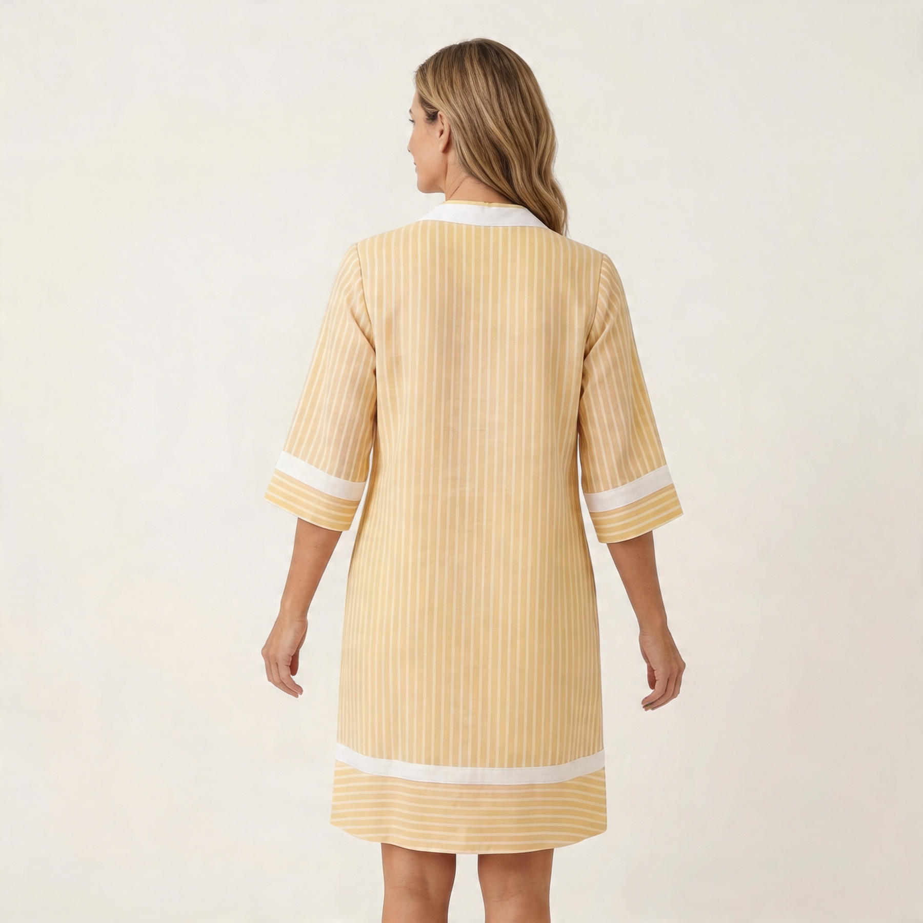 Silvia | Vestido Recto de Rayas en Algodón con Escote en V y Ribete Contraste