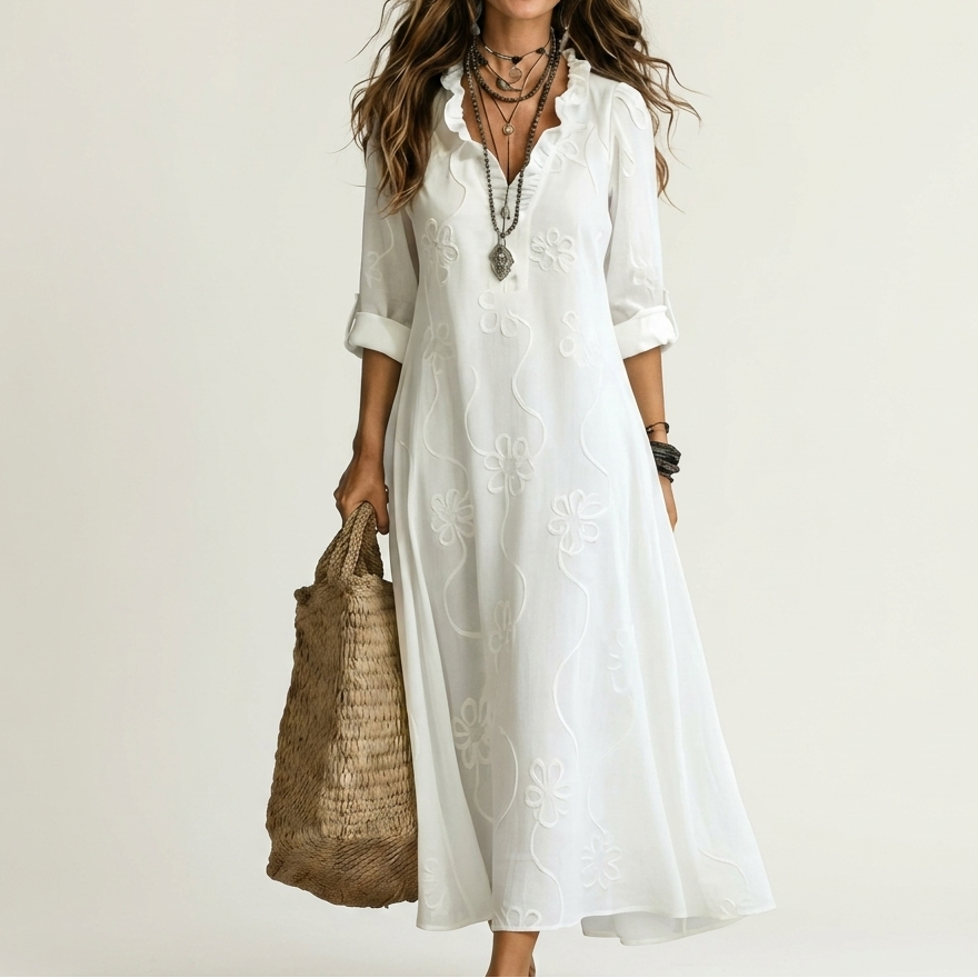 Odalys | Vestido Maxi en Algodón y Lino con Bordado Floral Tono sobre Tono