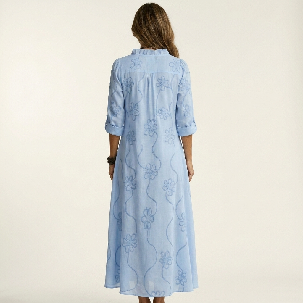 Odalys | Vestido Maxi en Algodón y Lino con Bordado Floral Tono sobre Tono