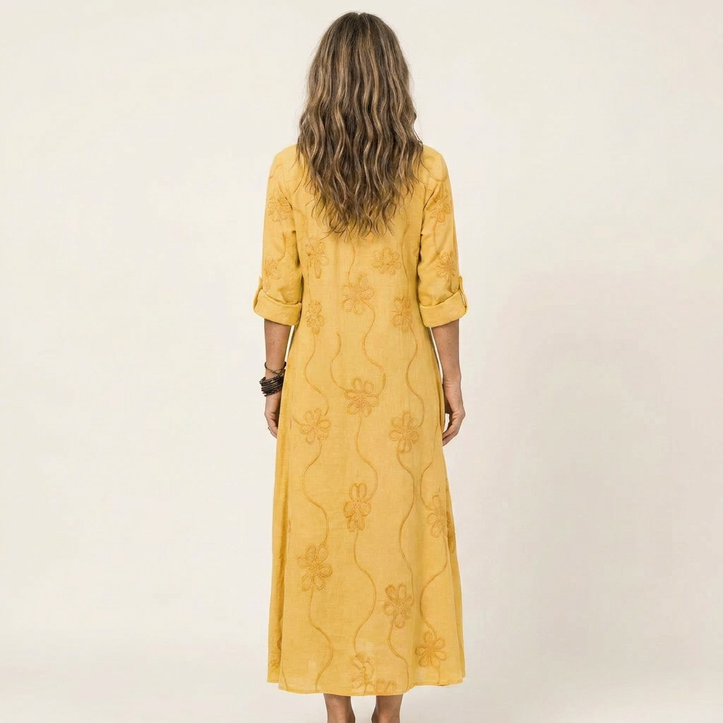 Odalys | Vestido Maxi en Algodón y Lino con Bordado Floral Tono sobre Tono