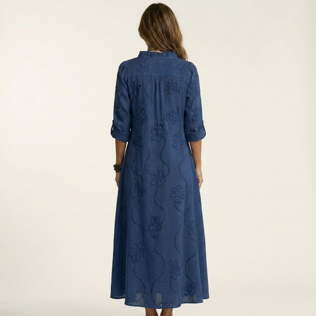Odalys | Vestido Maxi en Algodón y Lino con Bordado Floral Tono sobre Tono