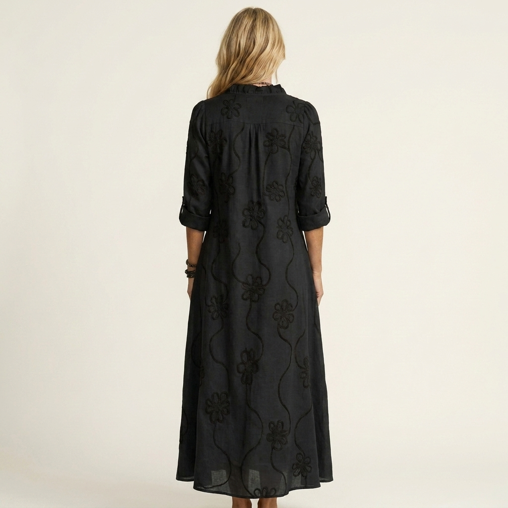 Odalys | Vestido Maxi en Algodón y Lino con Bordado Floral Tono sobre Tono