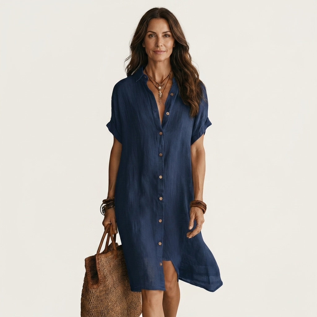 Florencia | Vestido Camisero Midi en Algodón y Lino con Puños Remangados